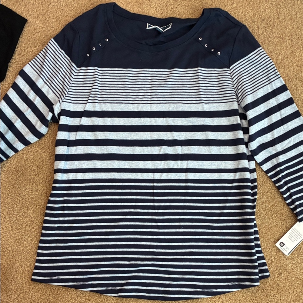 Karen Scott Navy and White Striped Blouse